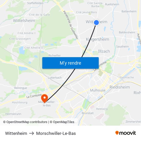 Wittenheim to Morschwiller-Le-Bas map