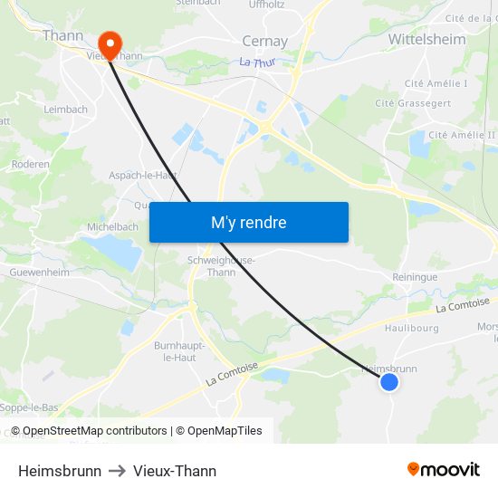 Heimsbrunn to Vieux-Thann map