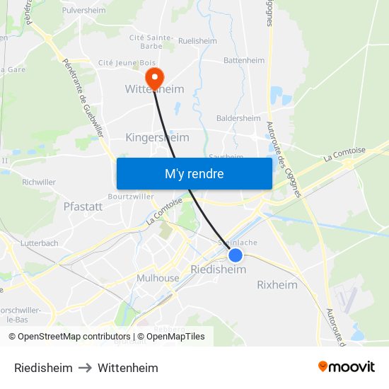 Riedisheim to Wittenheim map