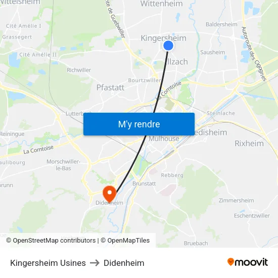 Kingersheim Usines to Didenheim map