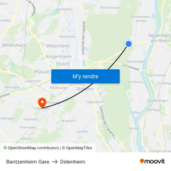Bantzenheim Gare to Didenheim map