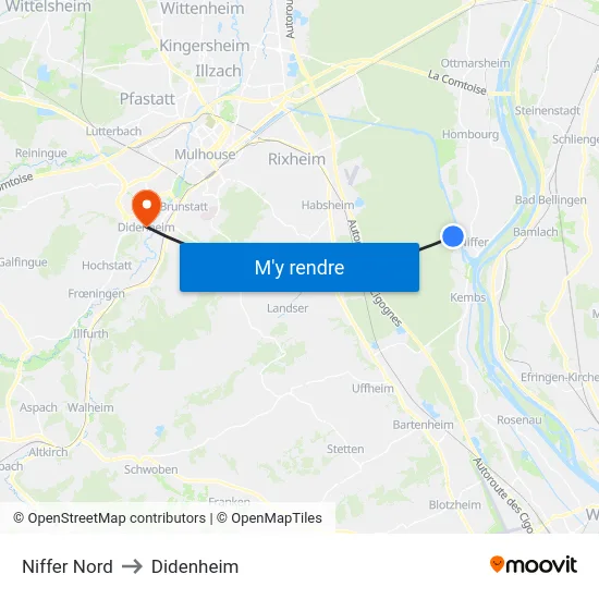 Niffer Nord to Didenheim map