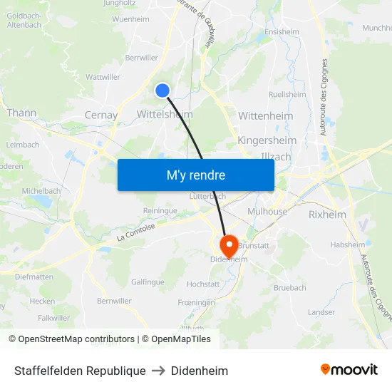Staffelfelden Republique to Didenheim map