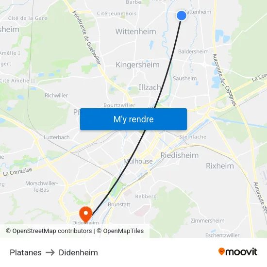 Platanes to Didenheim map