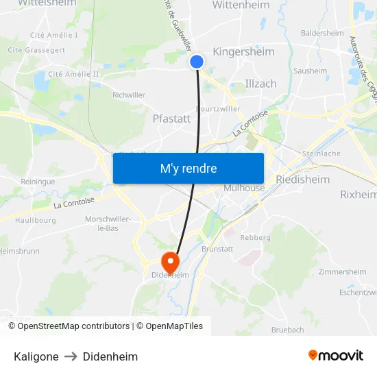 Kaligone to Didenheim map