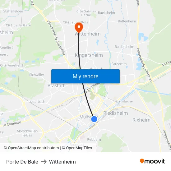 Porte De Bale to Wittenheim map