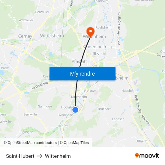 Saint-Hubert to Wittenheim map
