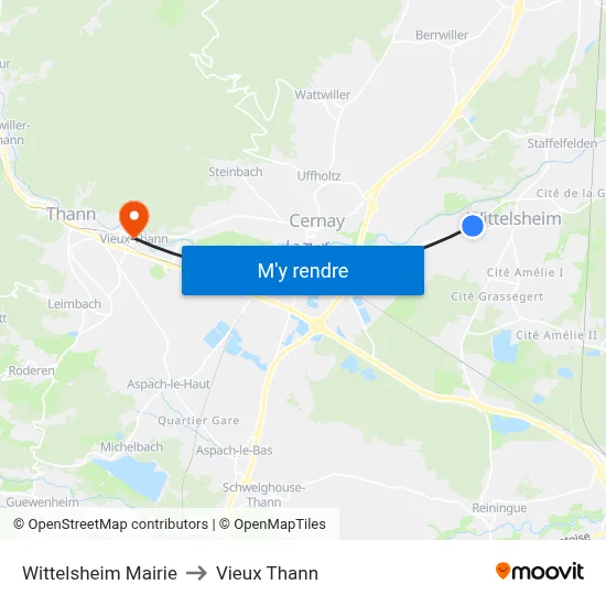 Wittelsheim Mairie to Vieux Thann map