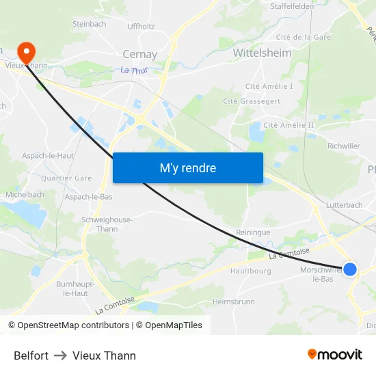 Belfort to Vieux Thann map