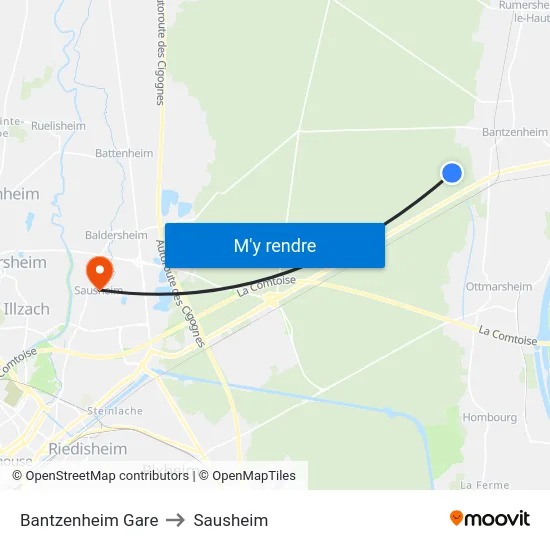 Bantzenheim Gare to Sausheim map