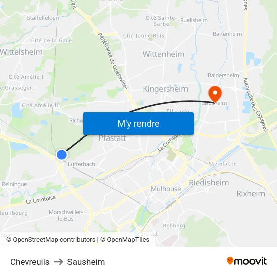 Chevreuils to Sausheim map