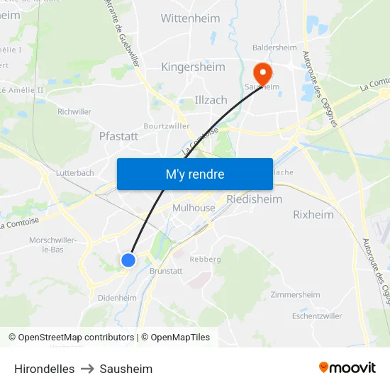 Hirondelles to Sausheim map