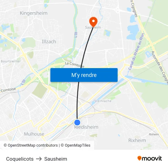 Coquelicots to Sausheim map