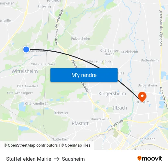 Staffelfelden Mairie to Sausheim map