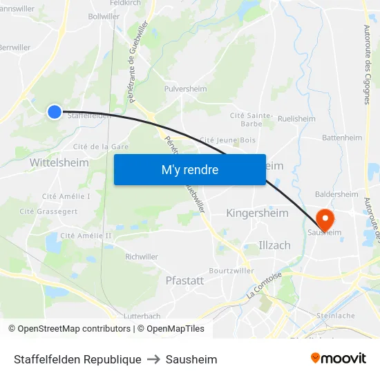 Staffelfelden Republique to Sausheim map