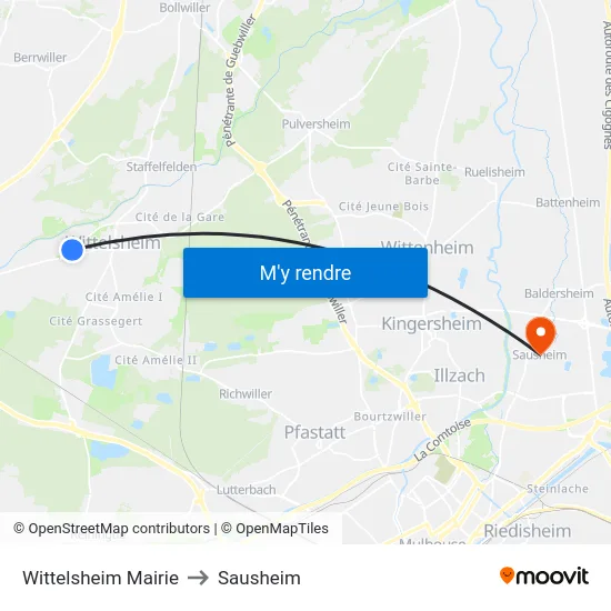 Wittelsheim Mairie to Sausheim map