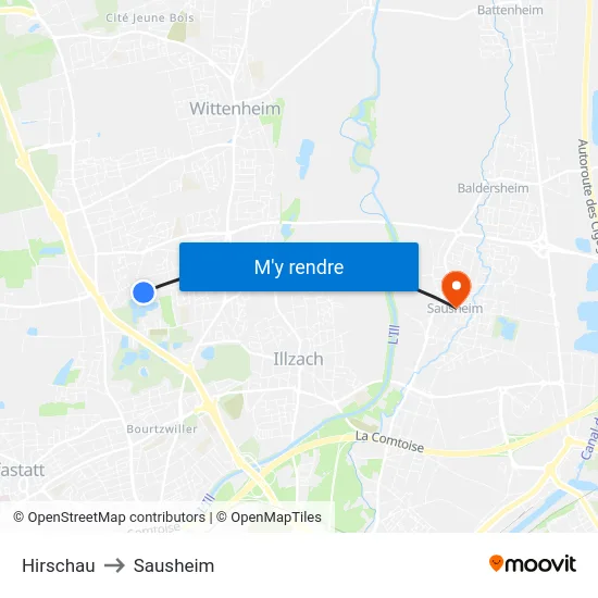 Hirschau to Sausheim map