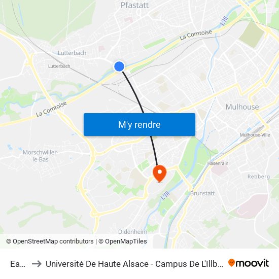 Eaux to Université De Haute Alsace - Campus De L'Illberg map