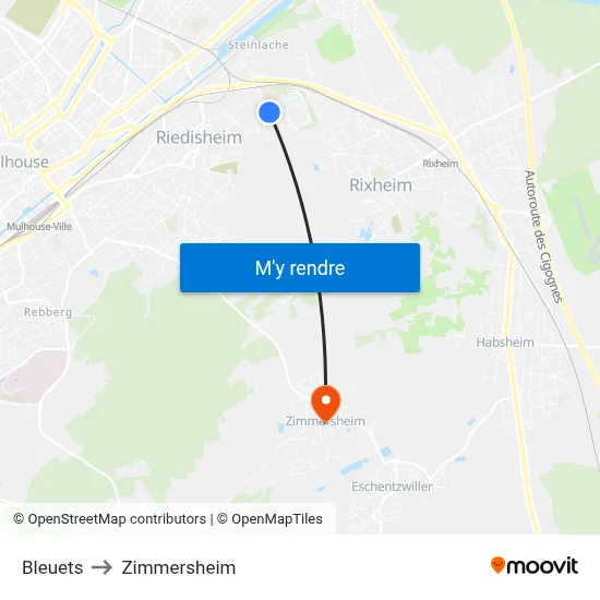 Bleuets to Zimmersheim map