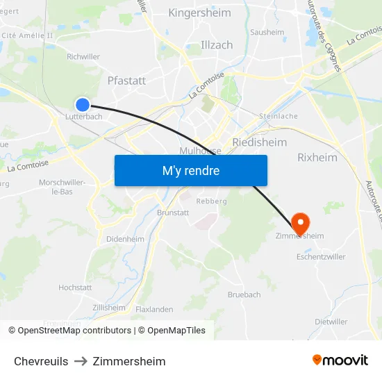 Chevreuils to Zimmersheim map