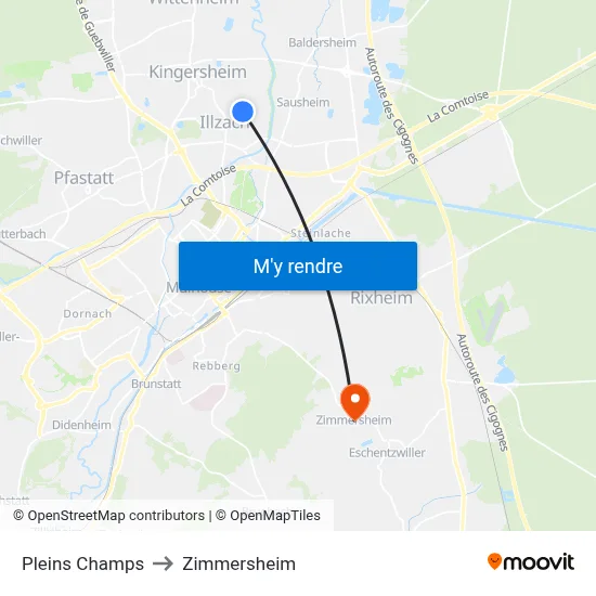 Pleins Champs to Zimmersheim map