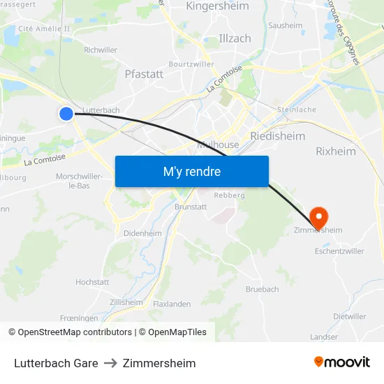 Lutterbach Gare to Zimmersheim map