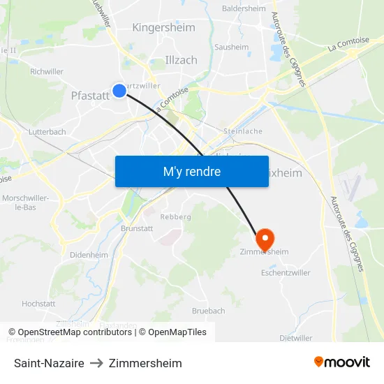 Saint-Nazaire to Zimmersheim map