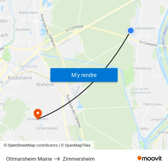 Ottmarsheim Mairie to Zimmersheim map