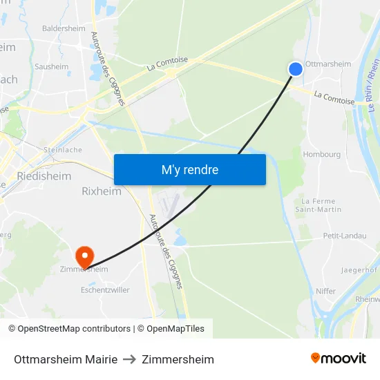 Ottmarsheim Mairie to Zimmersheim map