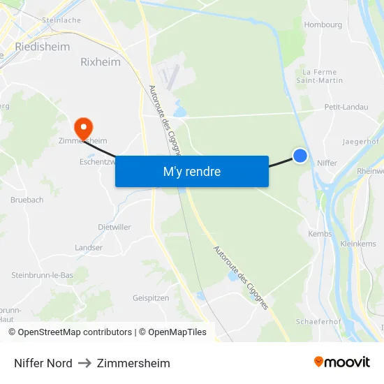 Niffer Nord to Zimmersheim map