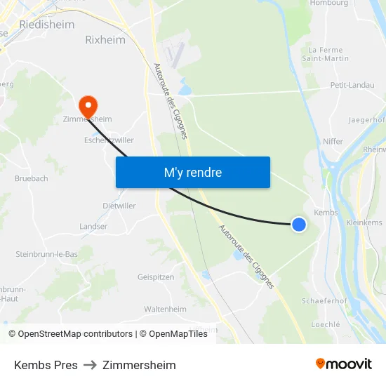 Kembs Pres to Zimmersheim map