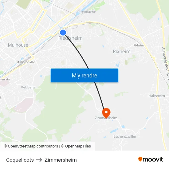Coquelicots to Zimmersheim map