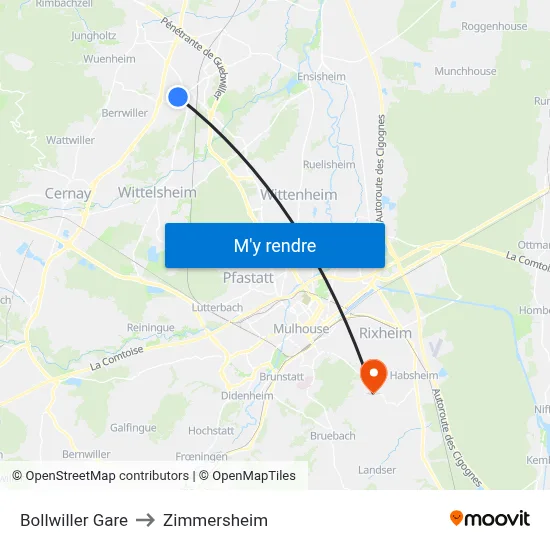 Bollwiller Gare to Zimmersheim map