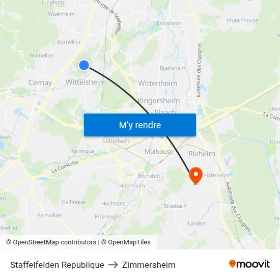 Staffelfelden Republique to Zimmersheim map