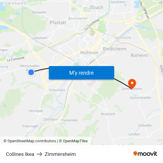 Collines Ikea to Zimmersheim map
