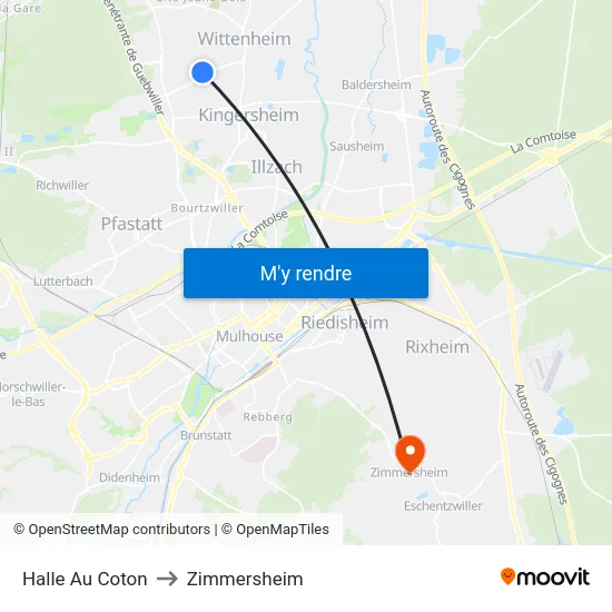 Halle Au Coton to Zimmersheim map