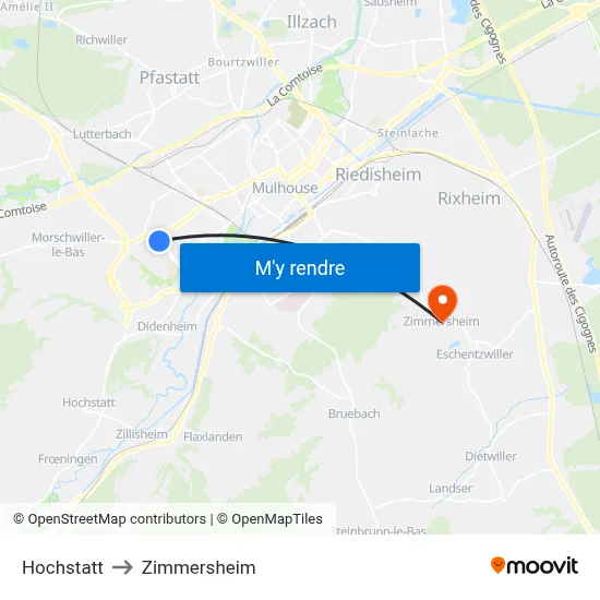 Hochstatt to Zimmersheim map