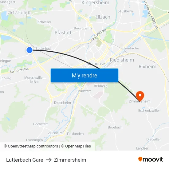 Lutterbach Gare to Zimmersheim map