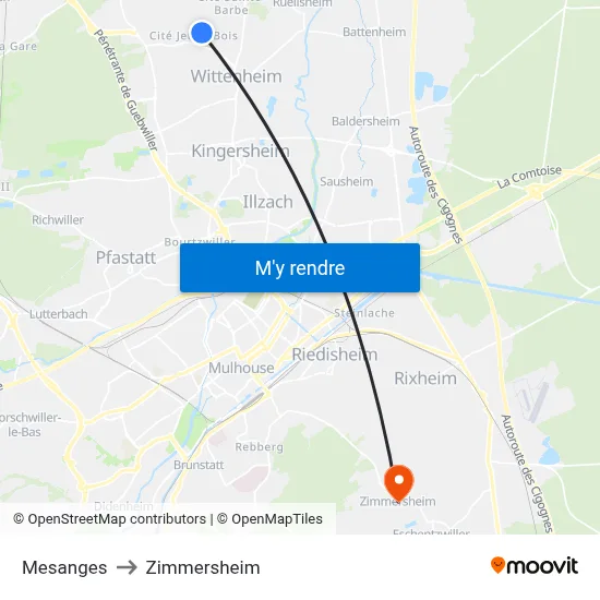 Mesanges to Zimmersheim map