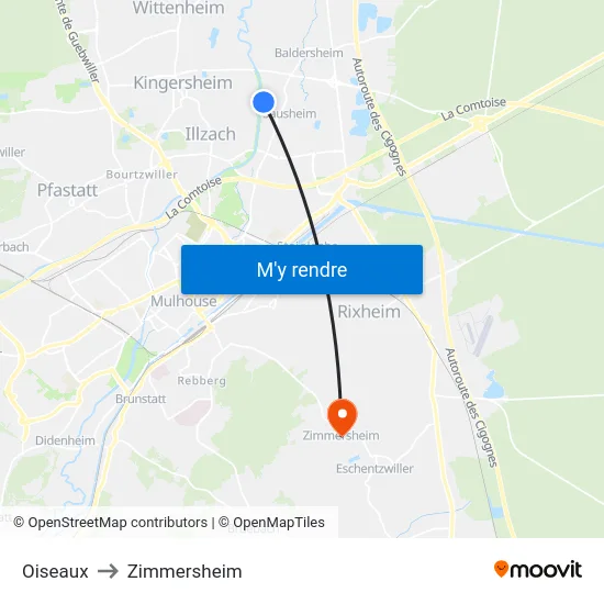 Oiseaux to Zimmersheim map