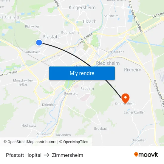 Pfastatt Hopital to Zimmersheim map