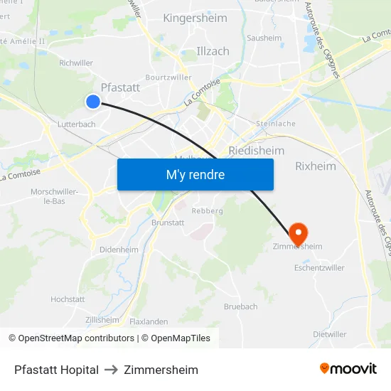 Pfastatt Hopital to Zimmersheim map