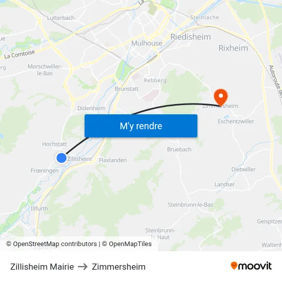 Zillisheim Mairie to Zimmersheim map