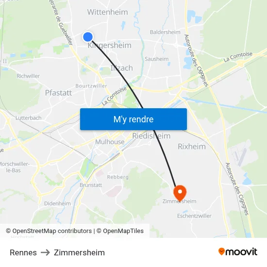 Rennes to Zimmersheim map