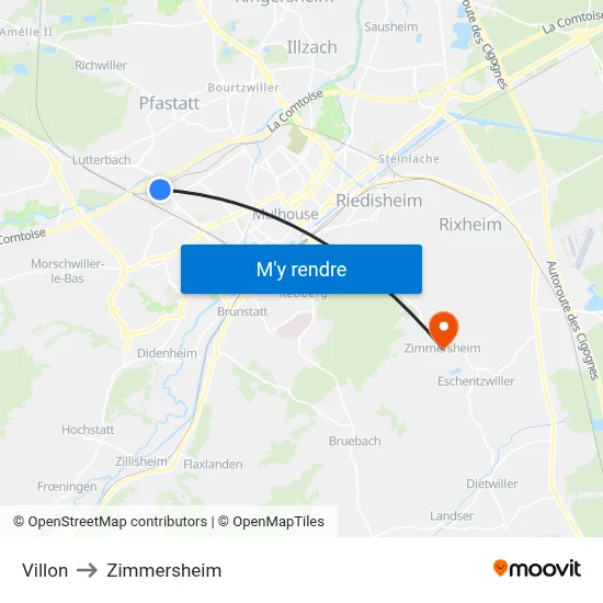 Villon to Zimmersheim map