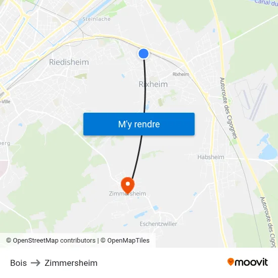 Bois to Zimmersheim map