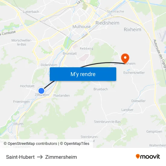 Saint-Hubert to Zimmersheim map