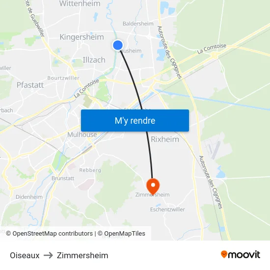 Oiseaux to Zimmersheim map