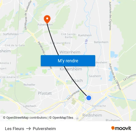 Les Fleurs to Pulversheim map