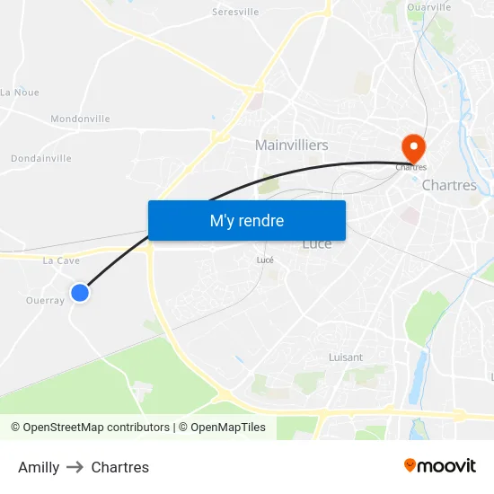 Amilly to Chartres map